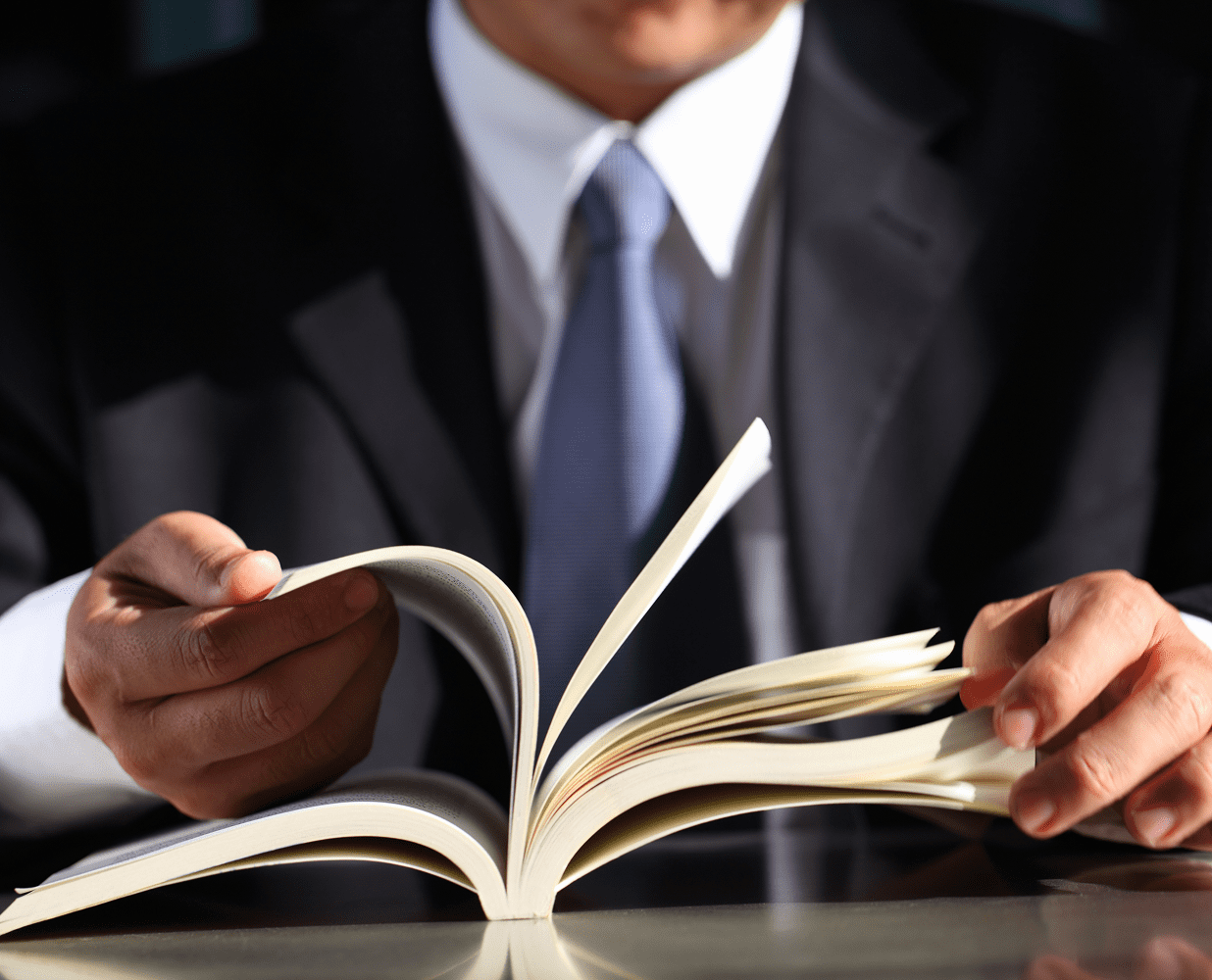 Man in suit reading a book.