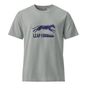 Gray T-shirt with a blue jaguar and 'Leap Forward' text.